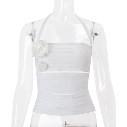 Flower applique halter hollow out cut out top