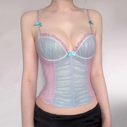 Sweetheart neck ruffle bowknot mesh cami top