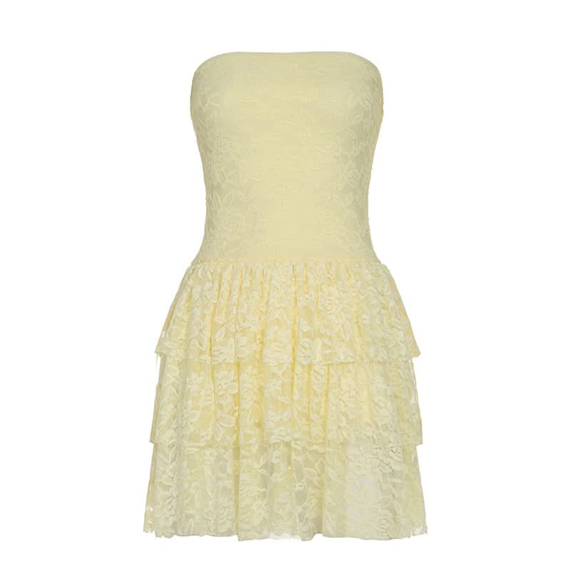 Lace ruffle ruched tube mini dress