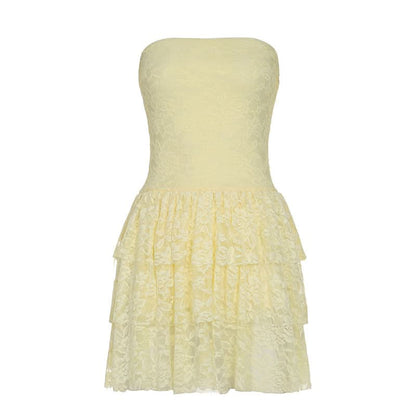 Lace ruffle ruched tube mini dress