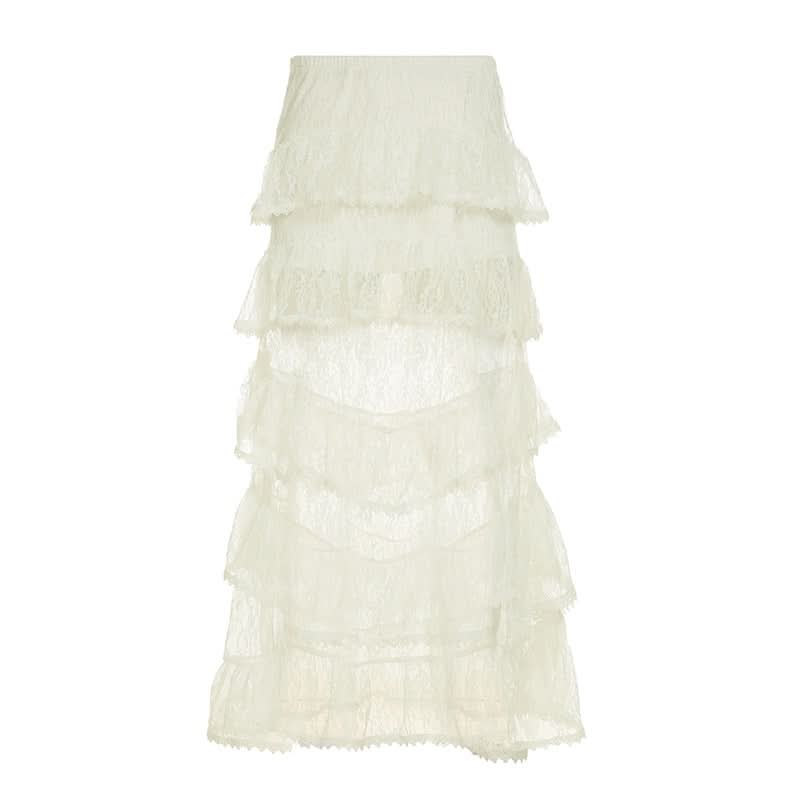 Lace ruffle see through maxi skirt
