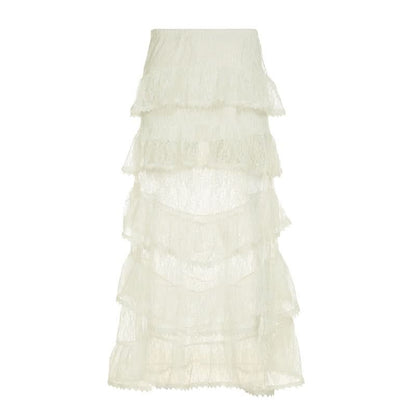 Lace ruffle see through maxi skirt