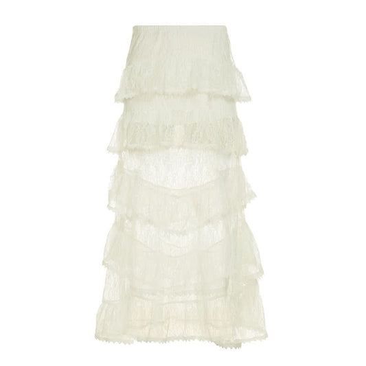 Lace ruffle see through maxi skirt