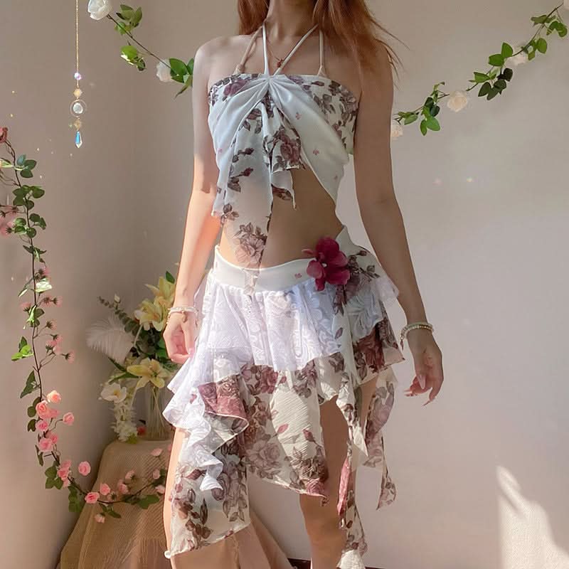 Flower print irregular mini skirt