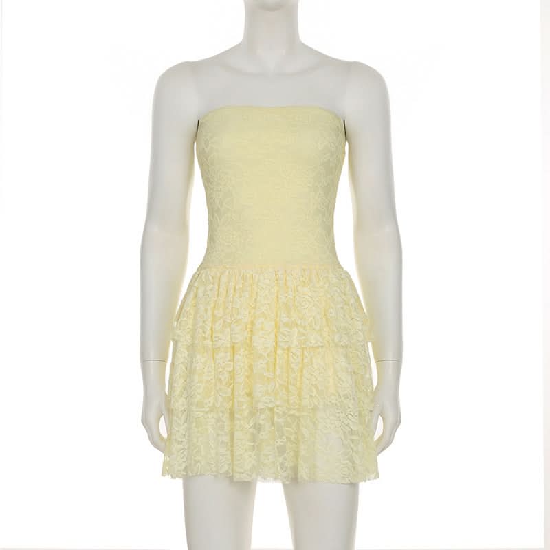 Lace ruffle ruched tube mini dress