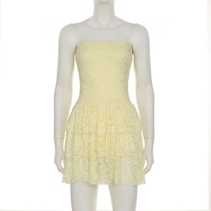 Lace ruffle ruched tube mini dress
