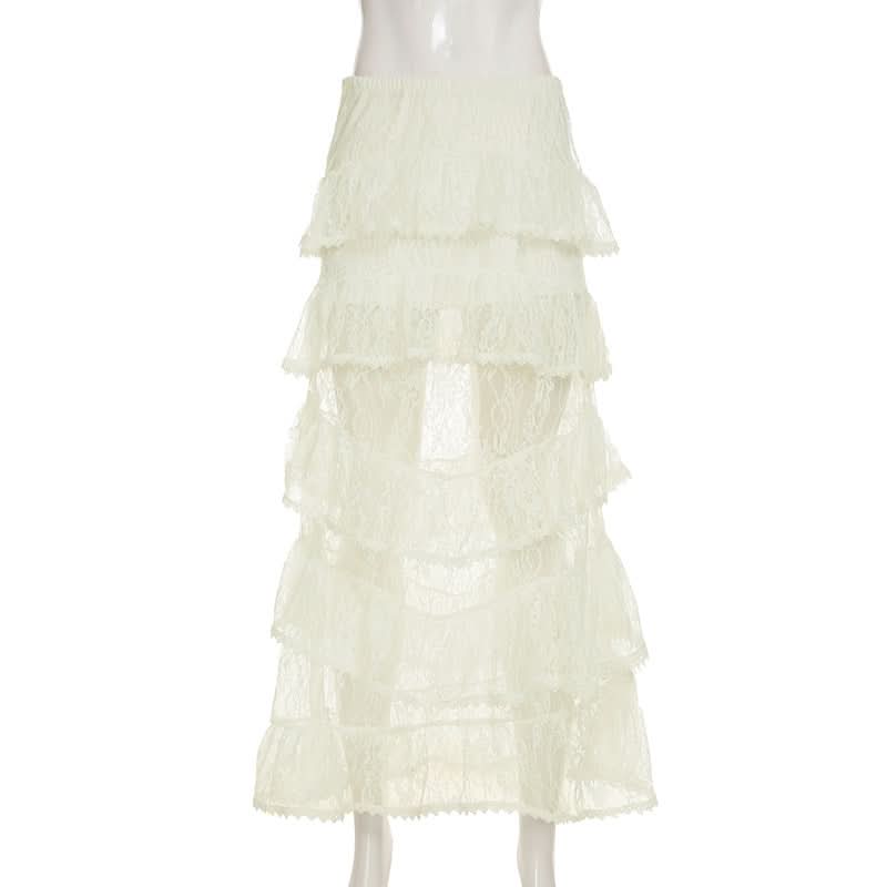 Lace ruffle see through maxi skirt