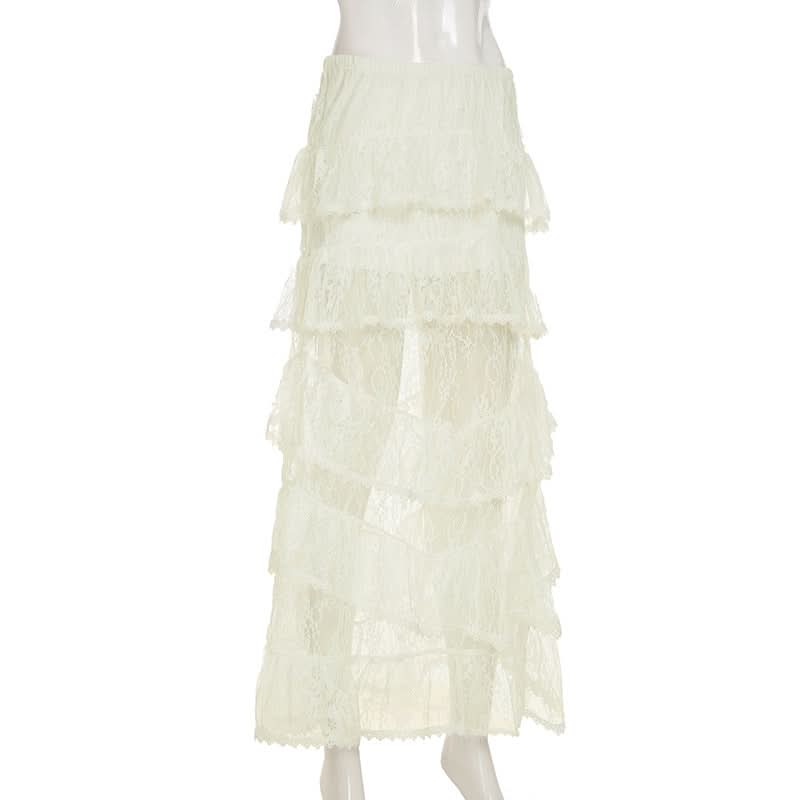 Lace ruffle see through maxi skirt