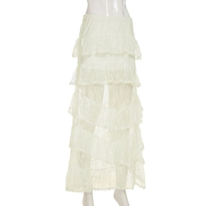 Lace ruffle see through maxi skirt