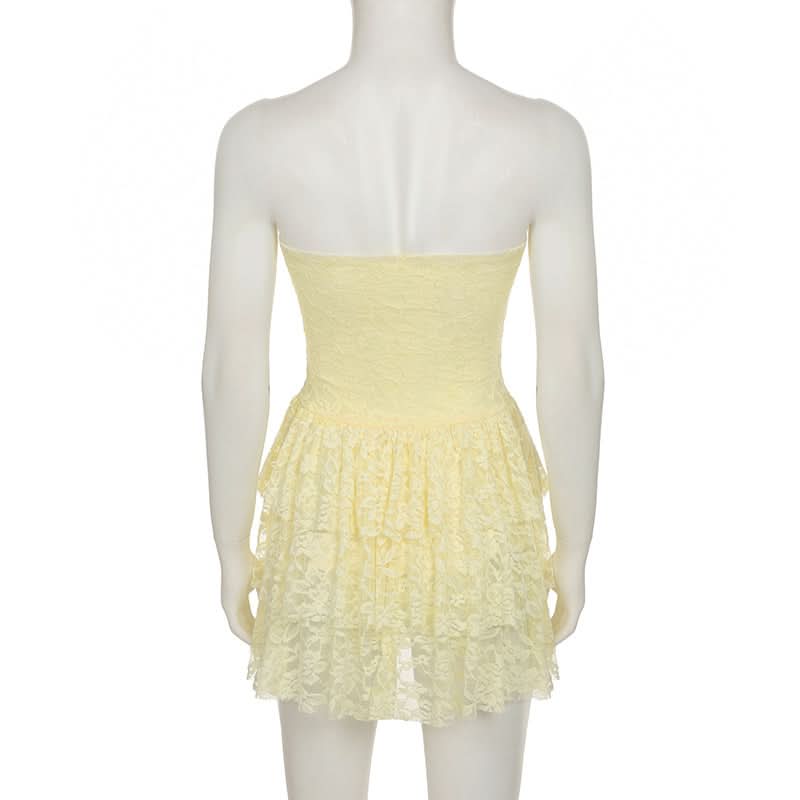 Lace ruffle ruched tube mini dress