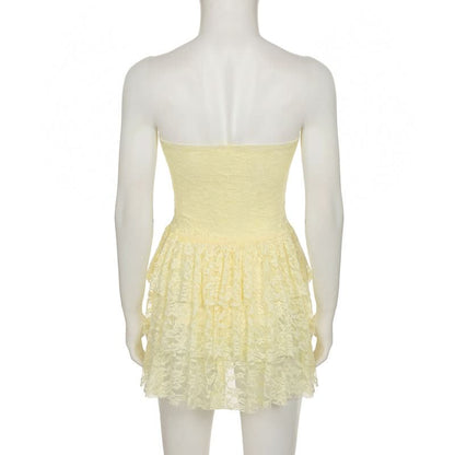 Lace ruffle ruched tube mini dress