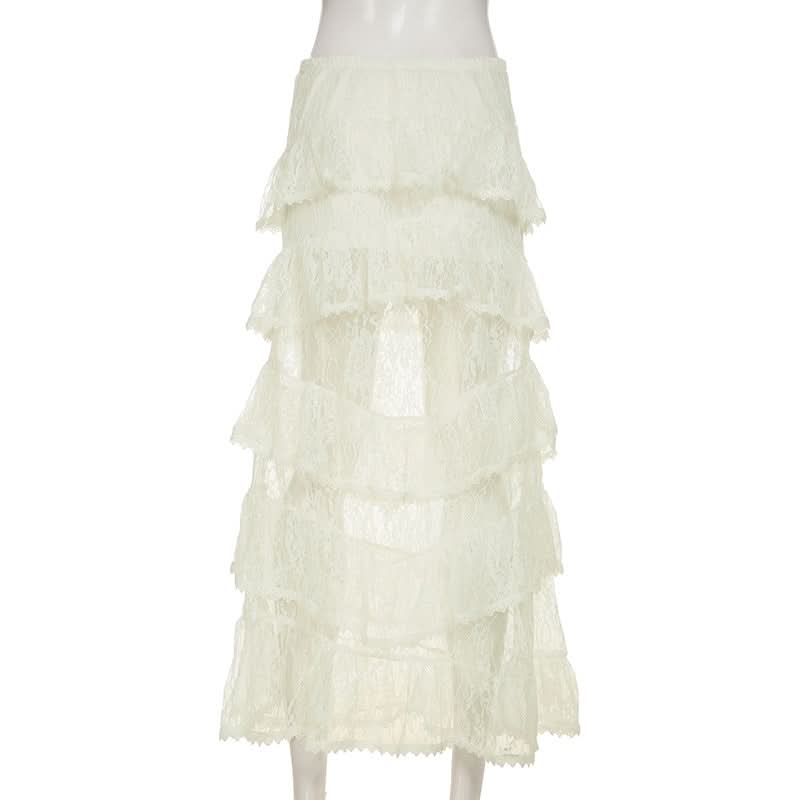 Lace ruffle see through maxi skirt