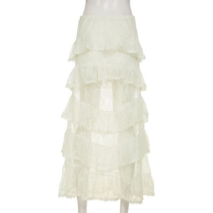 Lace ruffle see through maxi skirt