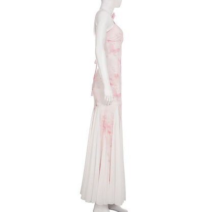 V neck flower print mesh patchwork cami maxi dress