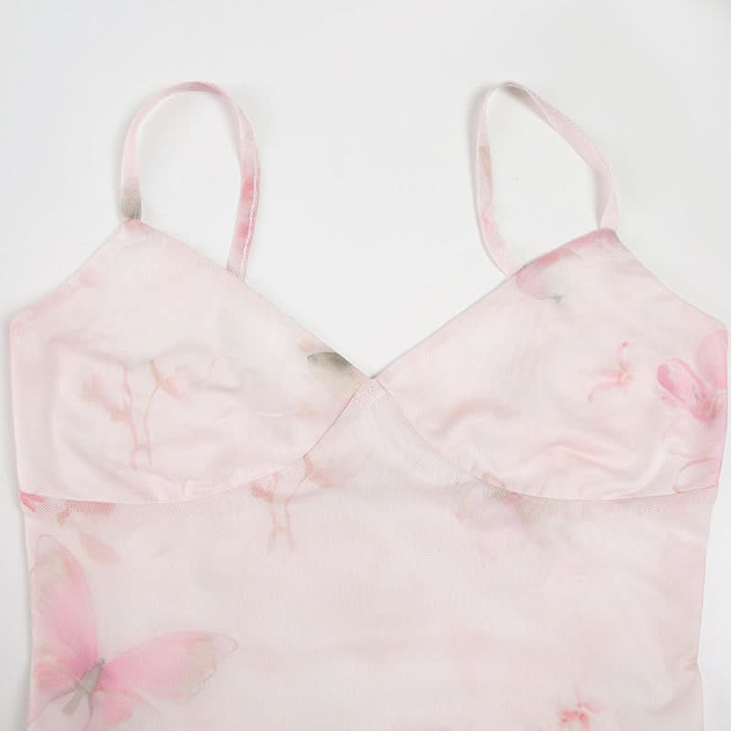 V neck flower print mesh patchwork cami maxi dress