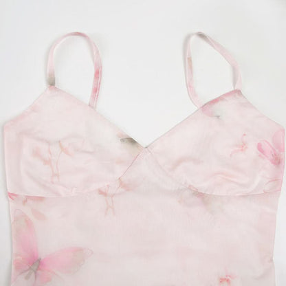 V neck flower print mesh patchwork cami maxi dress