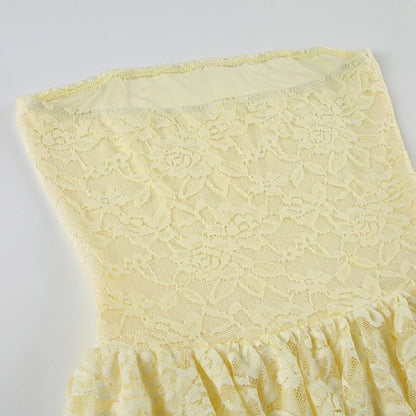 Lace ruffle ruched tube mini dress