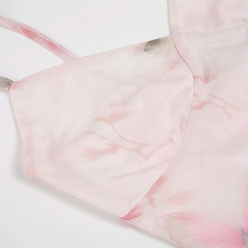 V neck flower print mesh patchwork cami maxi dress