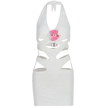 Halter hollow out flower applique cut out mini dress