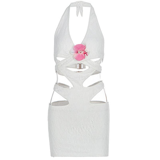 Halter hollow out flower applique cut out mini dress