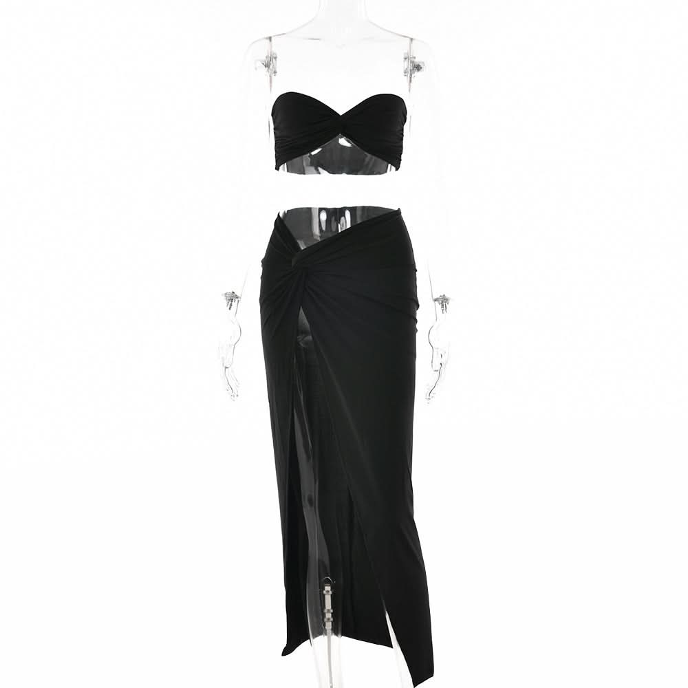 Sweetheart neck ruched slit maxi skirt set