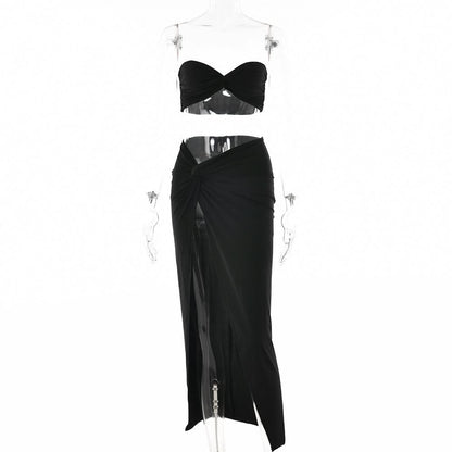 Sweetheart neck ruched slit maxi skirt set