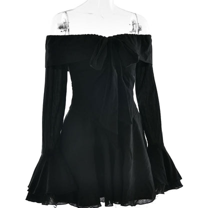Off shoulder long flared mesh bowknot mini dress
