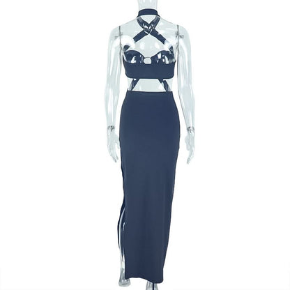 Halter o ring hollow out padded slit cut out maxi dress