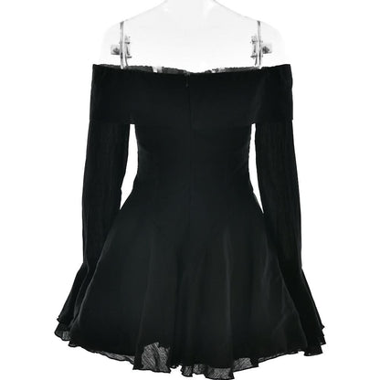 Off shoulder long flared mesh bowknot mini dress