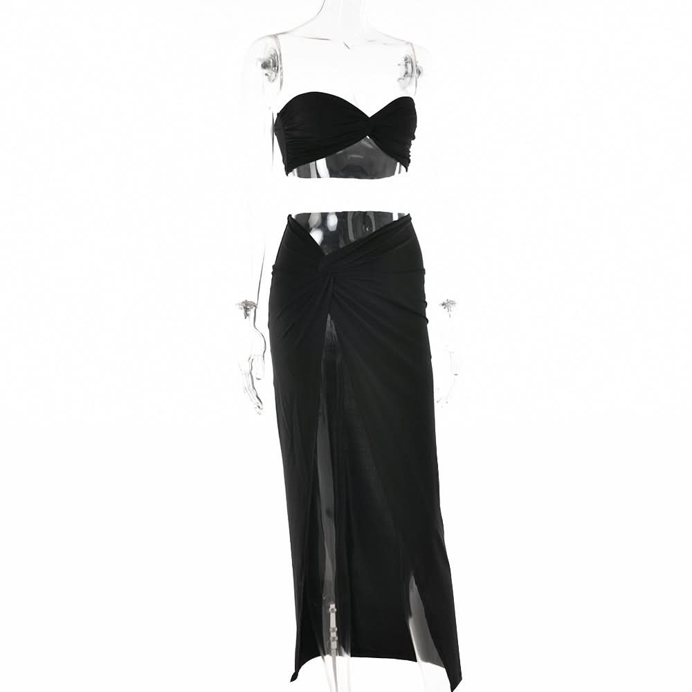 Sweetheart neck ruched slit maxi skirt set