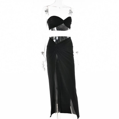 Sweetheart neck ruched slit maxi skirt set