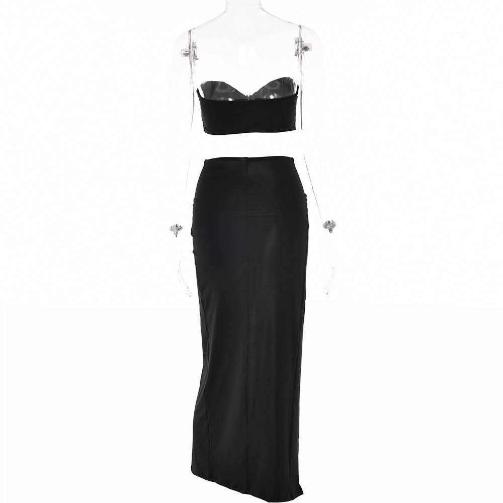 Sweetheart neck ruched slit maxi skirt set