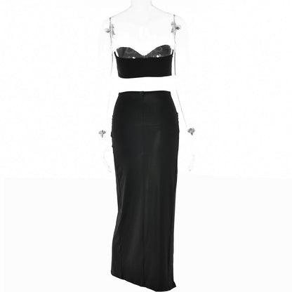 Sweetheart neck ruched slit maxi skirt set