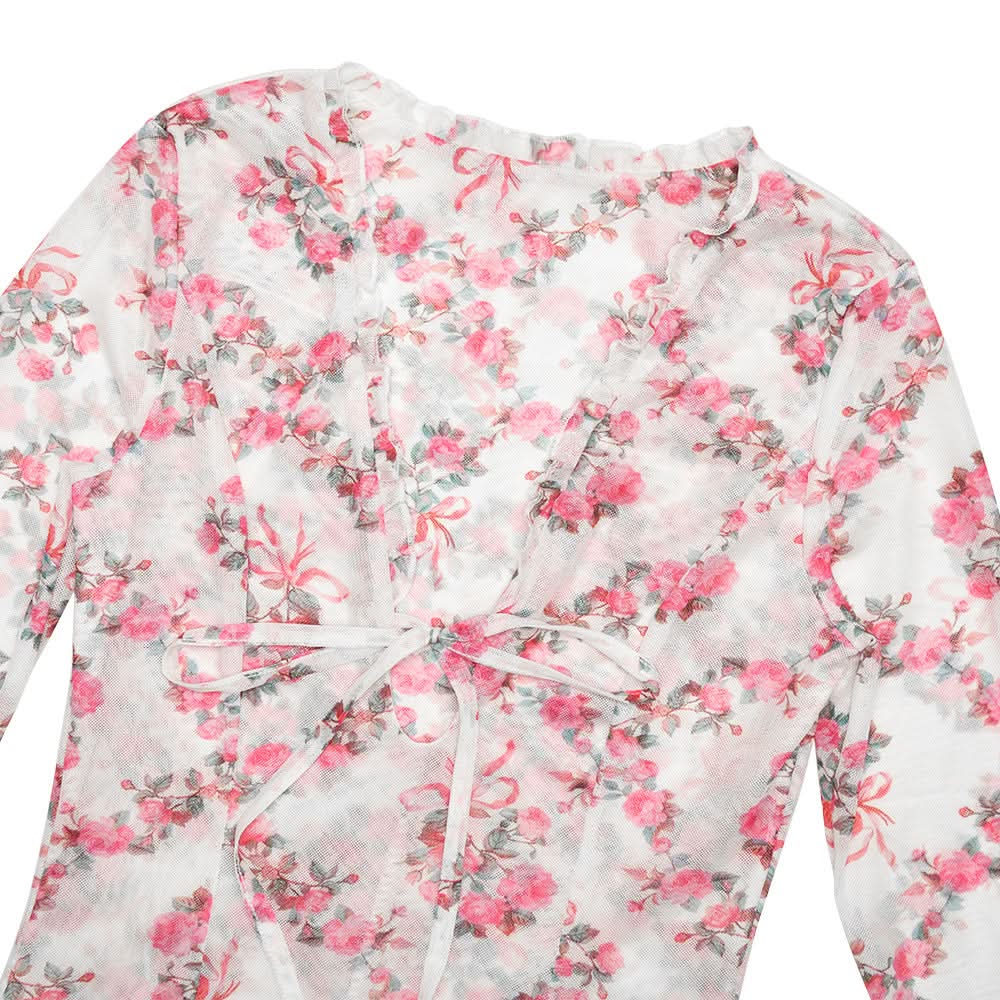 Long sleeve v neck flower print mesh mini dress