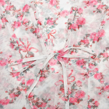 Long sleeve v neck flower print mesh mini dress