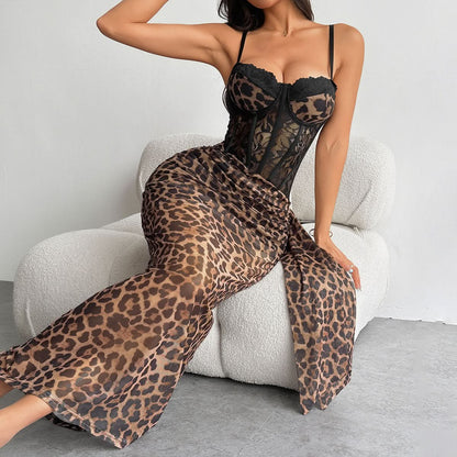 Leopard print bustier lace hem cami maxi dress