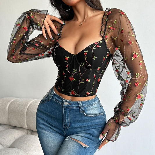 Flower embroidery bustier lace up top