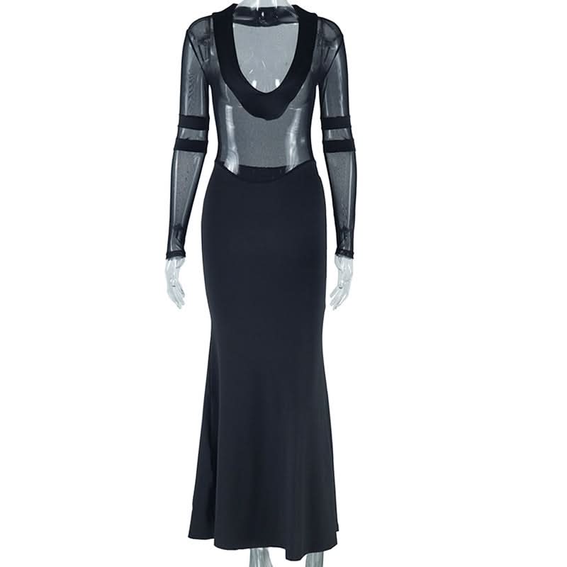 Long sleeve mesh patchwork maxi dress