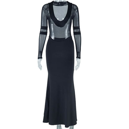 Long sleeve mesh patchwork maxi dress