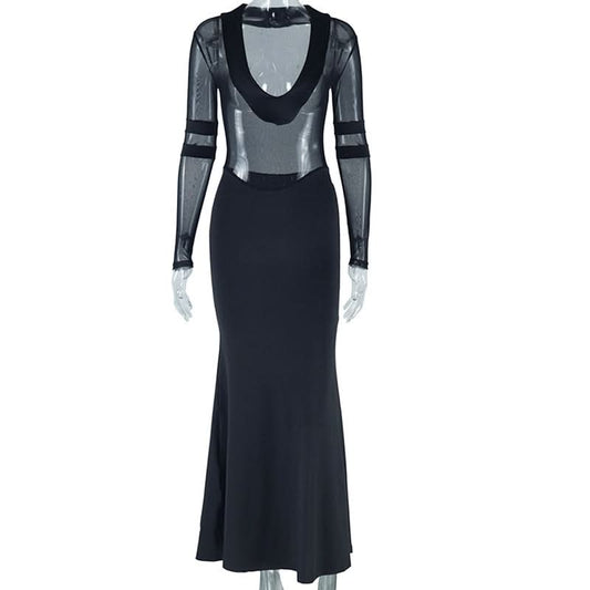 Long sleeve mesh patchwork maxi dress