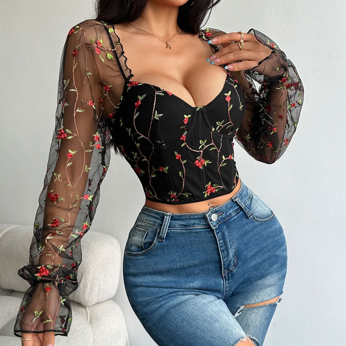 Flower embroidery bustier lace up top