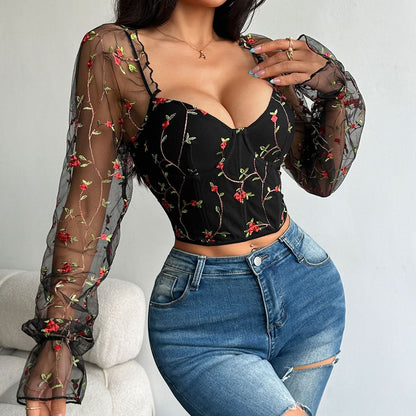 Flower embroidery bustier lace up top