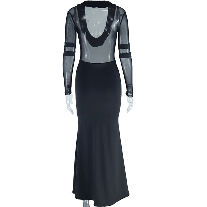 Long sleeve mesh patchwork maxi dress