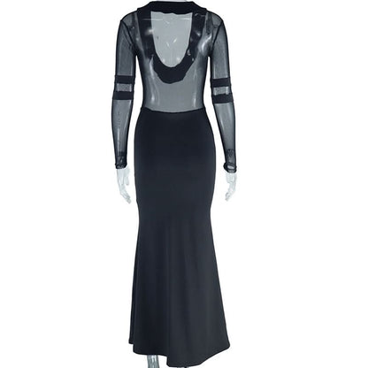 Long sleeve mesh patchwork maxi dress