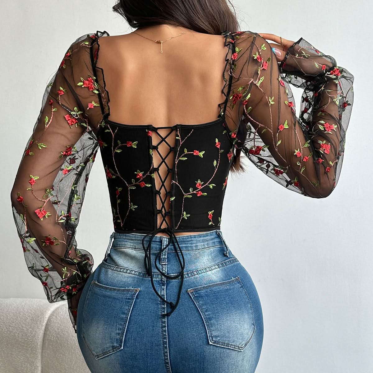 Flower embroidery bustier lace up top