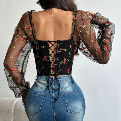 Flower embroidery bustier lace up top