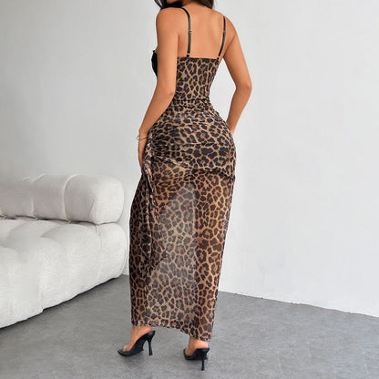 Leopard print bustier lace hem cami maxi dress