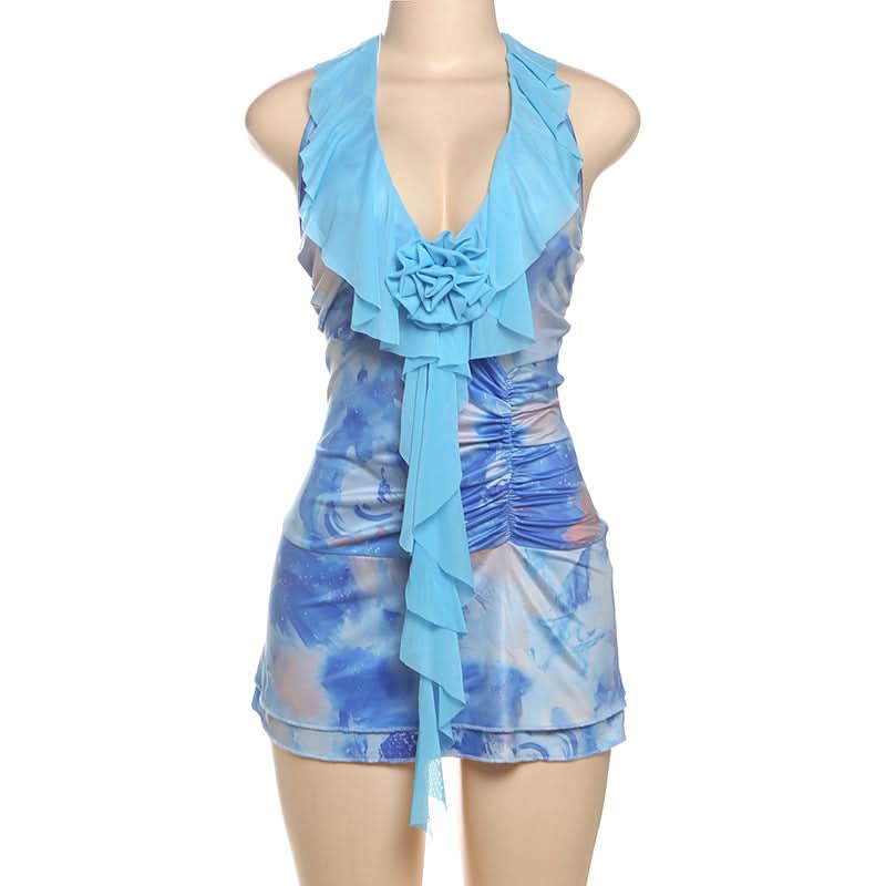 Halter contrast flower applique ruched mini dress