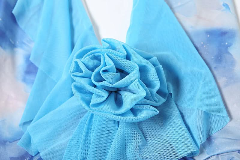 Halter contrast flower applique ruched mini dress