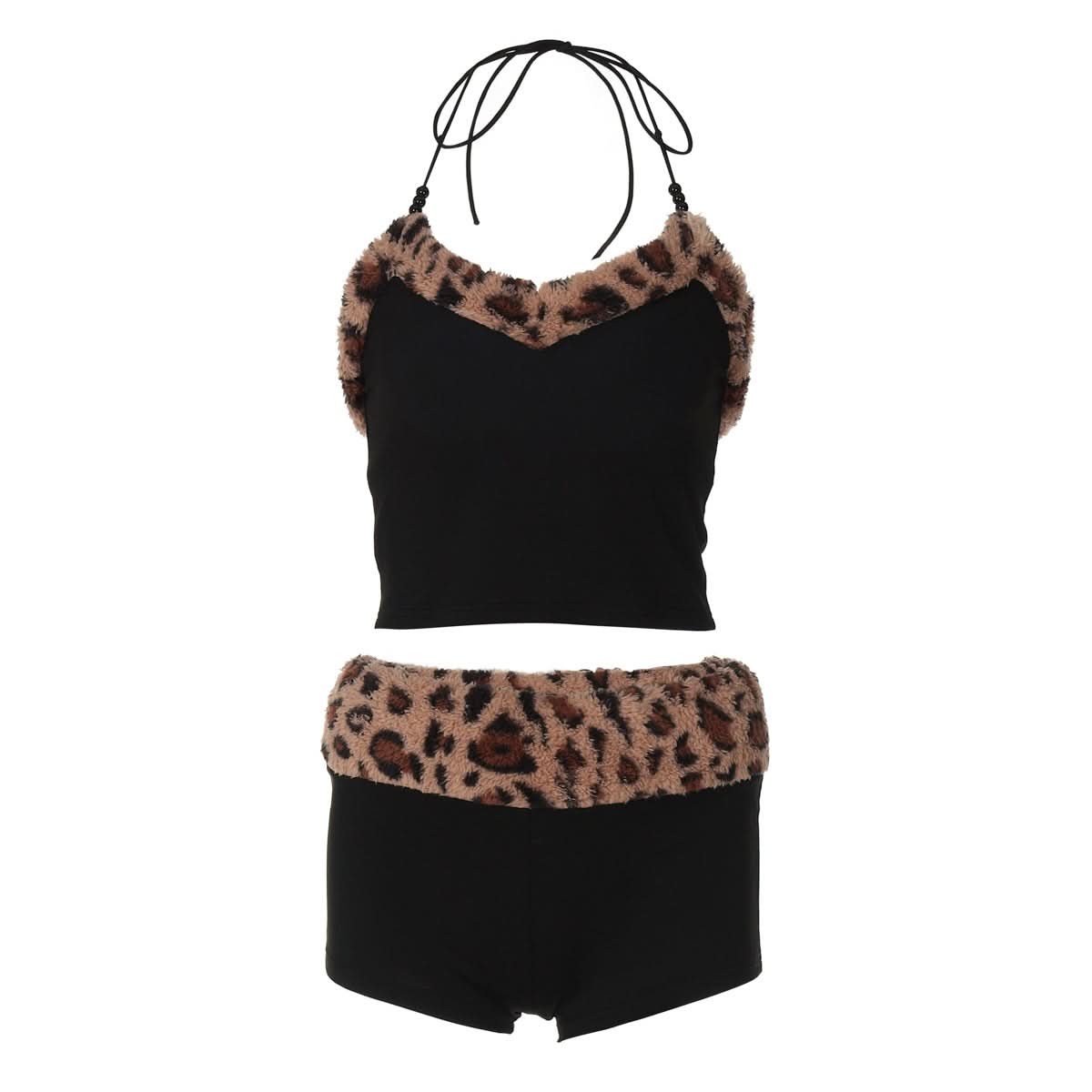 Leopard print halter fluffy beaded short pant set